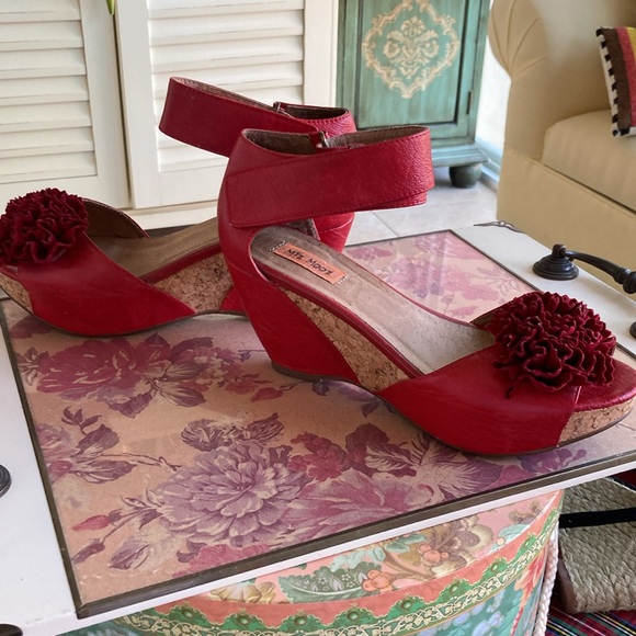 Miz Mooz Red Heeled Sandals with Ruffled Pom-Pom - Picture 4 of 4